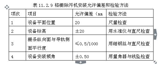 表11.2.9 格柵除污機安裝允許偏差和檢驗方法